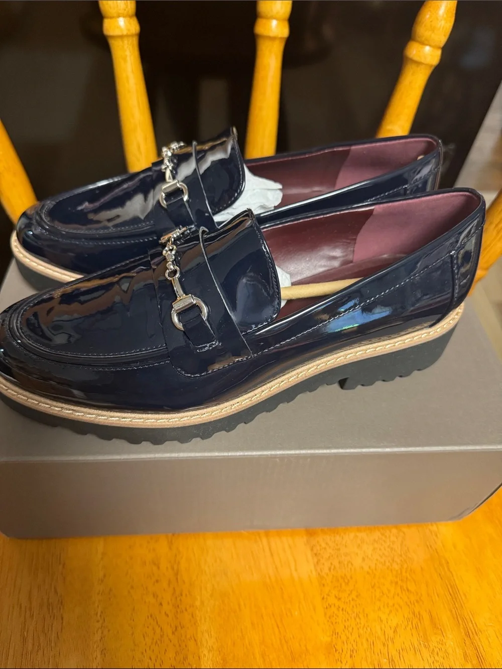 Franco Sarto NWB 7M Black shiny faux leather rubber bottom loafers
